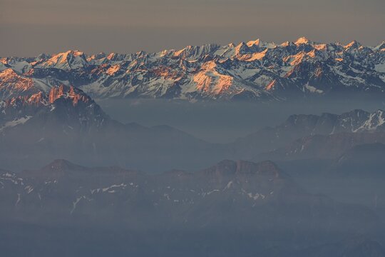 Morning haze and fog over mountain ranges, morning light, summer, Lechtal Alps, aerial view, Upper Bavaria, Germany
