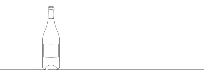 A continuous line drawing of a wine bottle with a blank label, highlighting its classic shape in a minimalist style against a white background.