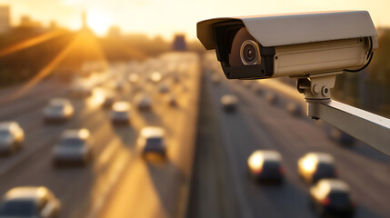 Monitoring traffic flow on a busy highway with a security camera in the evening light. Ensuring safety and gathering data on transportation routes for urban planning.
