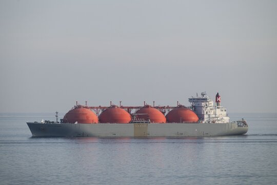 Liquefied natural gas is transported by LNG tanker Arctic Voyager, 290 metres long, 48 metres high, flag Bahamas, Baltic Sea