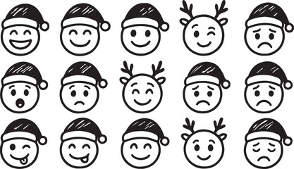 christmas emoji faces doodle set