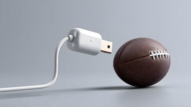Futuristic connection of a digital USB drive to a classic American football symbolizing the future of sports technology and data transfer
