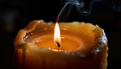 Burning Candle in the Dark: A close-up view of a candle with a flickering flame, illuminating the darkness with a warm, inviting glow, creating a serene ambiance.