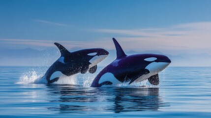 Fototapeta premium Majestic Orcas Breaching the Calm Ocean Surface Under a Clear Blue Sky with Mountainous Horizon in the Background for Nature Enthusiasts and Wildlife Lovers