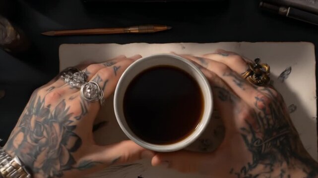Close up of tattooed hands holding a cup of coffee near vintage items and a message