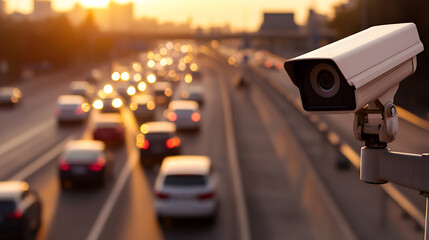 A vigilant traffic camera overlooks a busy highway, capturing the steady flow of vehicles at sunset. Security and surveillance for efficient transportation monitoring.