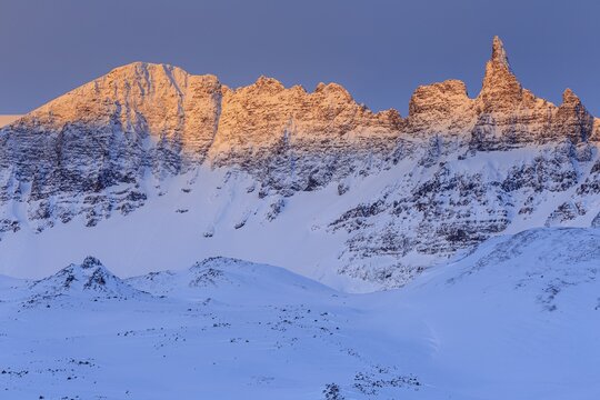 Peak mountains in the morning light, winter, snow, Akureyri, North Iceland, Iceland