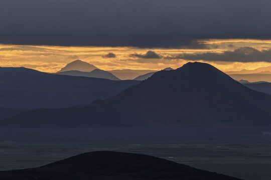 Volcanic mountain landscape, cloudy mood, summer, Myvatn, North Iceland, Iceland