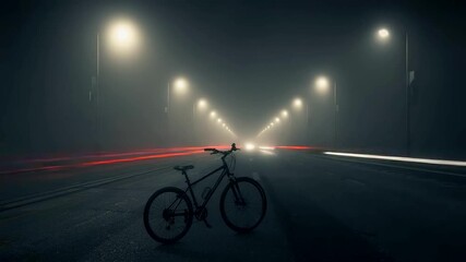 Bicycle on foggy empty road at night with street lights and light trails urban mystery atmosphere - Powered by Adobe