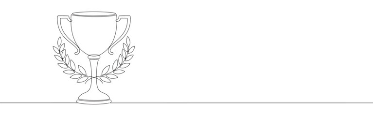 A continuous line drawing of a classic trophy cup encircled by a laurel wreath, representing victory, achievement, and success, on a white background.	