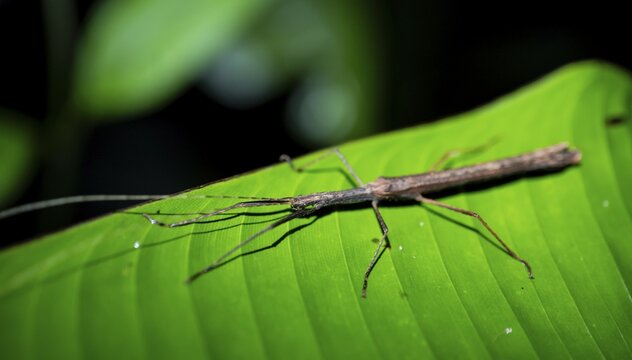 Stick insect (Phasmatodea) sitting on a leaf, at night in the tropical rainforest, Refugio Nacional de Vida Silvestre Mixto Bosque Alegre, Alajuela province, Costa Rica