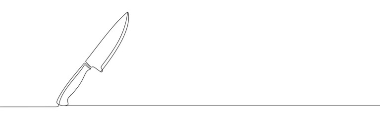 A continuous line drawing of a chef's knife or kitchen knife, depicted standing upright, showcasing a minimalist and clean aesthetic on a white background.	