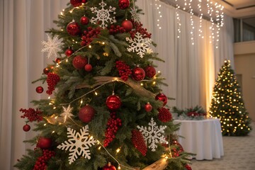 Festive christmas tree mockup decorated with ornaments and snowflakes for holiday ambiance