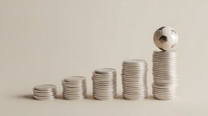 Soccer ball balanced atop rising stacks of coins symbolizing financial growth and sports investment success