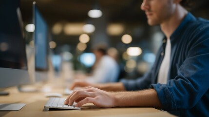 Close-up of computer screens and devices in a startup with faint USA flag motif integrated into interior design, highlighting technology-driven American entrepreneurship, subtle patriotism, and