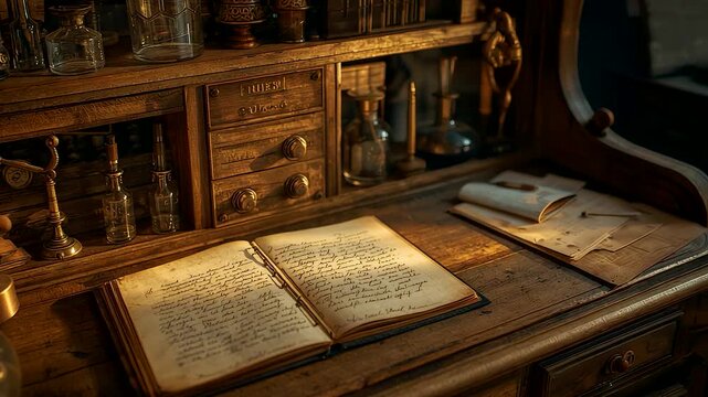 Ancient wizard desk with glowing spell book potions quill inkwell wooden shelves mystical study