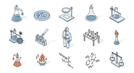 Isometric science lab equipment and chemical experiments in modern style