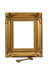 Ornate vintage gold picture frame, intricate baroque carvings, crisp white inner, with antique brass skeleton key. Isolated on seamless transparent. Concept of luxurious vintage artistry.