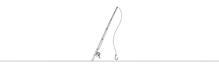 A continuous line drawing of a fishing rod leaning diagonally with its line and hook extending downwards, capturing the essence of angling on a white background.