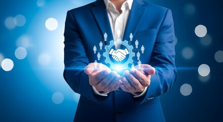 Businessman holding a glowing network of people and handshake icon