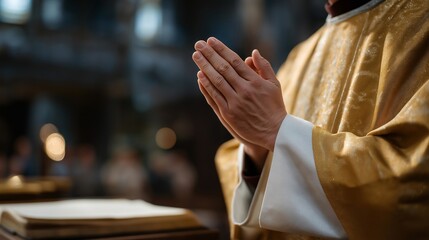 Obraz premium Priest blessing the congregation during a Christmas mass, emotion of spiritual connection and serenity visible, symbolizing sacred rituals, holiday religious observances, and inclusive church