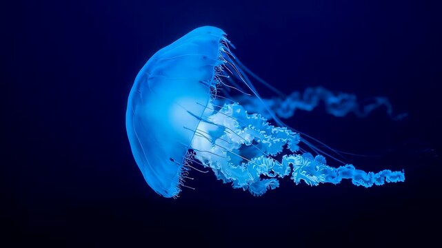 Glowing Blue Jellyfish with Flowing Tentacles Drifting in Deep Ocean Water Background