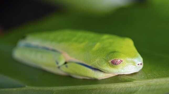 Red-eyed tree frog (Agalychnis callidryas), sleeping on a bla, Heredia province, Costa Rica