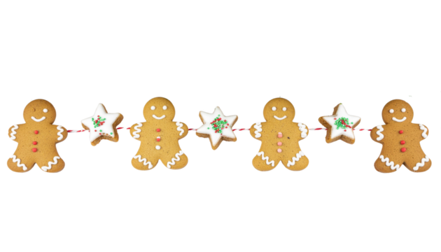 Gingerbread men and star cookies connected by red string, forming a garland or banner decoration, on a pure white background
