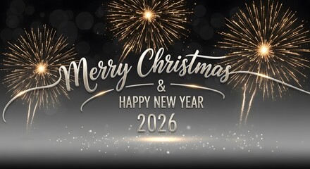 Merry christmas and happy new year 2026 with fireworks and glitter