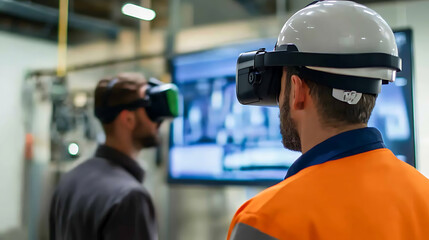 Two workers wearing VR headsets in a modern industrial setting. The use of VR technology enhances training and safety protocols in industrial environments. This ensures an immersive learning