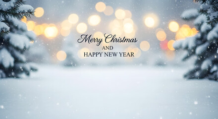 Merry chirstmas and happy new year. A blurred background of an empty snowy winter scene with hanging lights and snowflakes.