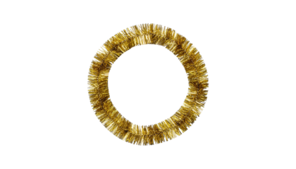 Golden tinsel garland formed into a circle or ring shape, slightly uneven and textured, centered in the frame, clean white background