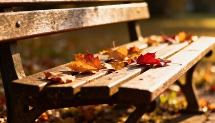 Autumn's Rest: A wooden park bench, adorned with fallen autumn leaves, offers a tranquil moment of serenity, inviting contemplation and rest. 