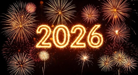 Golden 2026 text with sparkling fireworks on a dark background