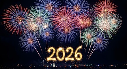Colorful fireworks illuminate the sky with golden 2026 text