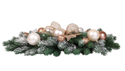 Christmas centerpiece featuring snowy green fir branches, gold ribbon, and pearl and rose gold ornaments, isolated on a neutral background
