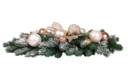 Christmas centerpiece featuring snowy green fir branches, gold ribbon, and pearl and rose gold ornaments, isolated on a neutral background