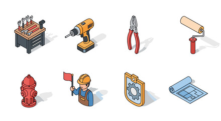 Isometric tools and construction icons set for work and repair projects
