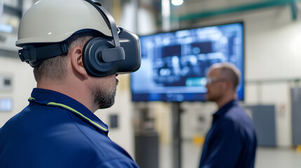 A technician dons VR headset and hardhat in a modern facility, simulating scenarios for training or diagnostics, with another engineer nearby. Innovation in manufacturing.