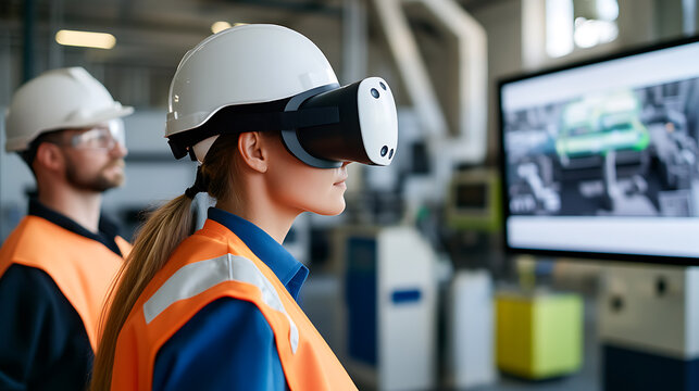 Future of Factory Work: A female engineer uses VR in a modern factory setting, optimizing processes. Nearby, a male colleague looks on, exemplifying collaboration & innovation. - Powered by Adobe