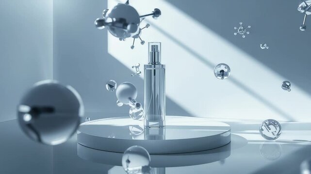 Elegant Skincare Serum Bottle on White Pedestal with Floating Molecular Spheres and Soft Light - Powered by Adobe