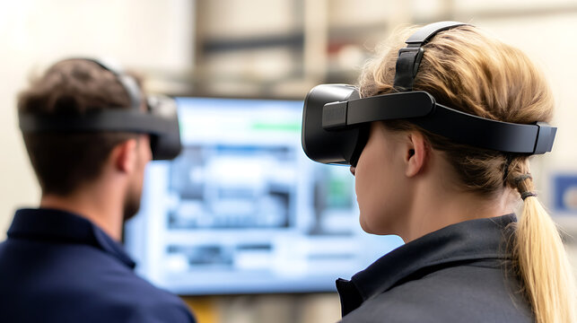 A blond-haired woman with a black top and ponytail, wearing a virtual reality headset stands next to a man in a blue shirt and a similar headset, facing a screen.