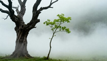 Ancient and New Trees Embrace Misty Morning: A captivating landscape captures the stark contrast between an ancient, weathered tree and a vibrant young one, set against a backdrop of a dense.