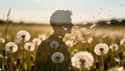 Whisper of Daydream: A silhouetted figure stands amidst a field of delicate dandelions, their airy seeds dancing in the gentle breeze, evoking a sense of tranquility and introspection.