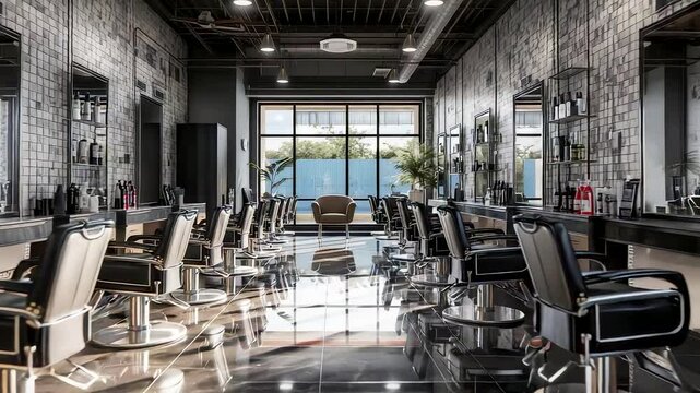 Luxurious Modern Barbershop Interior with Ocean View Mirrors and Polished Marble Floor