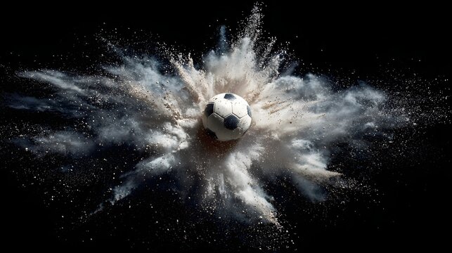 Dynamic soccer ball explodes in cloud of dust and debris against stark black background, capturing intense action and raw energy of sport