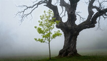 Ancient Giants and Emerging Hope: An old oak stands tall beside a vibrant young tree, the scene shrouded in a soft, misty atmosphere, symbolizing resilience and the continuity of life. 