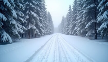 Fototapeta premium Snow covered road through a dense forest of pine trees, with tire tracks visible. Winter landscape for travel and nature concept.