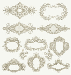 A vector set of ornate vintage frames with floral borders and decorative swirl elements