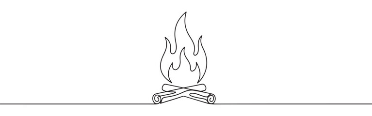 A continuous line drawing of a campfire with two logs burning and flames rising, evoking warmth, gathering, and outdoor experiences on a white background.